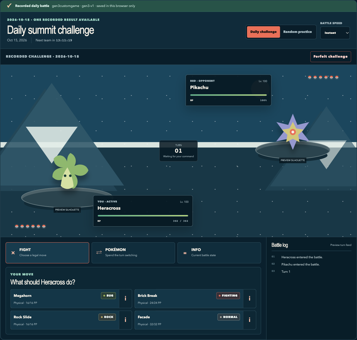 Daily Red battle interface showing Fight, Pokémon, and Info tabs, four legal move controls, HP panels, turn number, and battle log